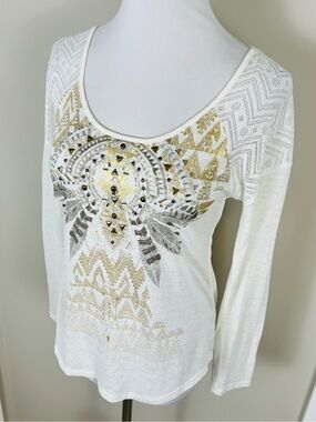 Miss Me Cream Long Sleeve Scoop Neck Graphic Top with Metallic Accents